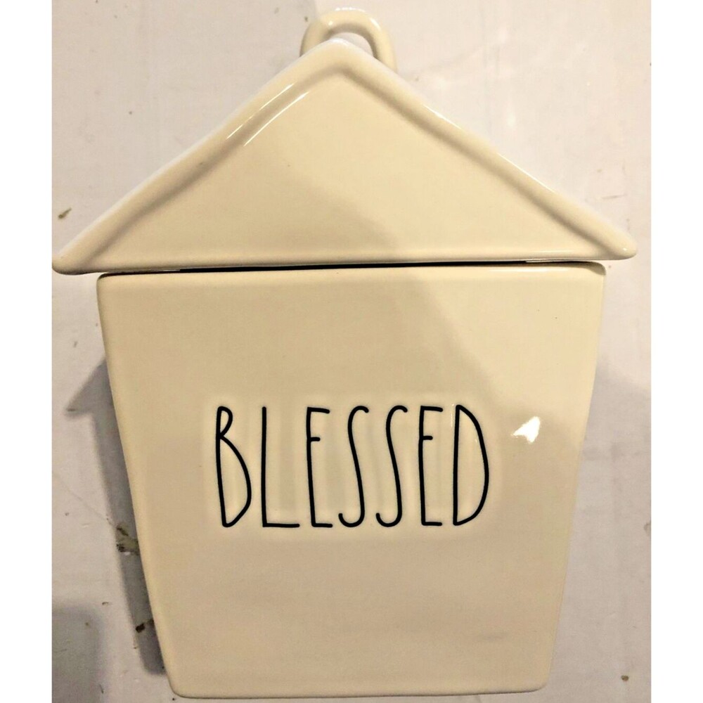 NEW Rae Dunn Large Ceramic Cookie Jar Cottage House BLESSED White Farm Life